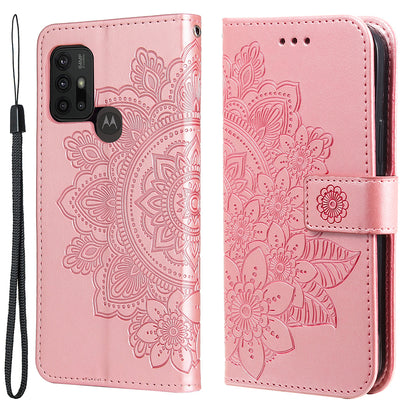 Shockproof Full Coverage Phone Flip Case Imprint Flower Pattern PU Leather Wallet Phone Cover with Wrist Strap for Motorola Moto G10/G30/G20/G10 Power