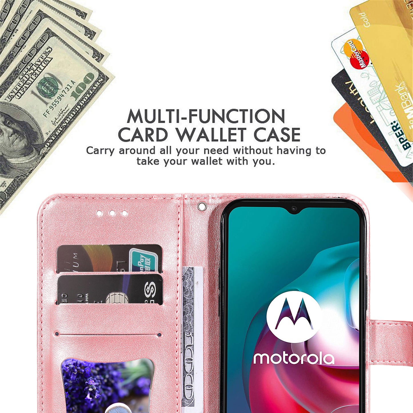 Shockproof Full Coverage Phone Flip Case Imprint Flower Pattern PU Leather Wallet Phone Cover with Wrist Strap for Motorola Moto G10/G30/G20/G10 Power