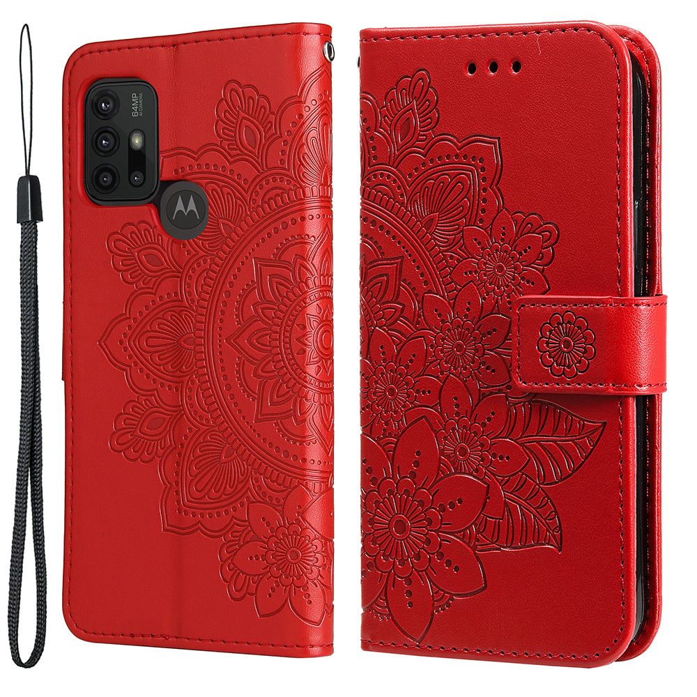 Shockproof Full Coverage Phone Flip Case Imprint Flower Pattern PU Leather Wallet Phone Cover with Wrist Strap for Motorola Moto G10/G30/G20/G10 Power