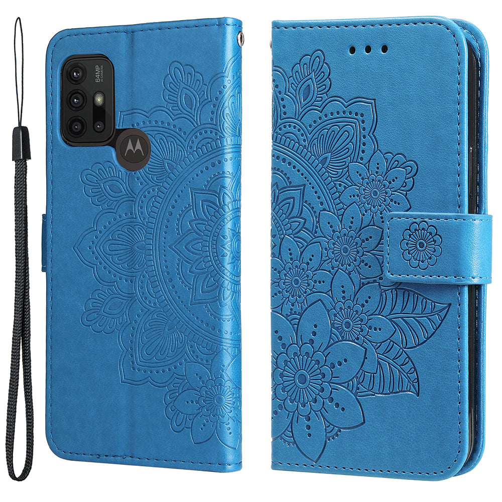 Shockproof Full Coverage Phone Flip Case Imprint Flower Pattern PU Leather Wallet Phone Cover with Wrist Strap for Motorola Moto G10/G30/G20/G10 Power