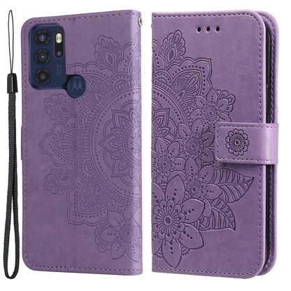 Stylish Phone Flip Case Imprint Flower Pattern PU Leather Wallet Phone Cover with Wrist Strap for Motorola Moto G60S