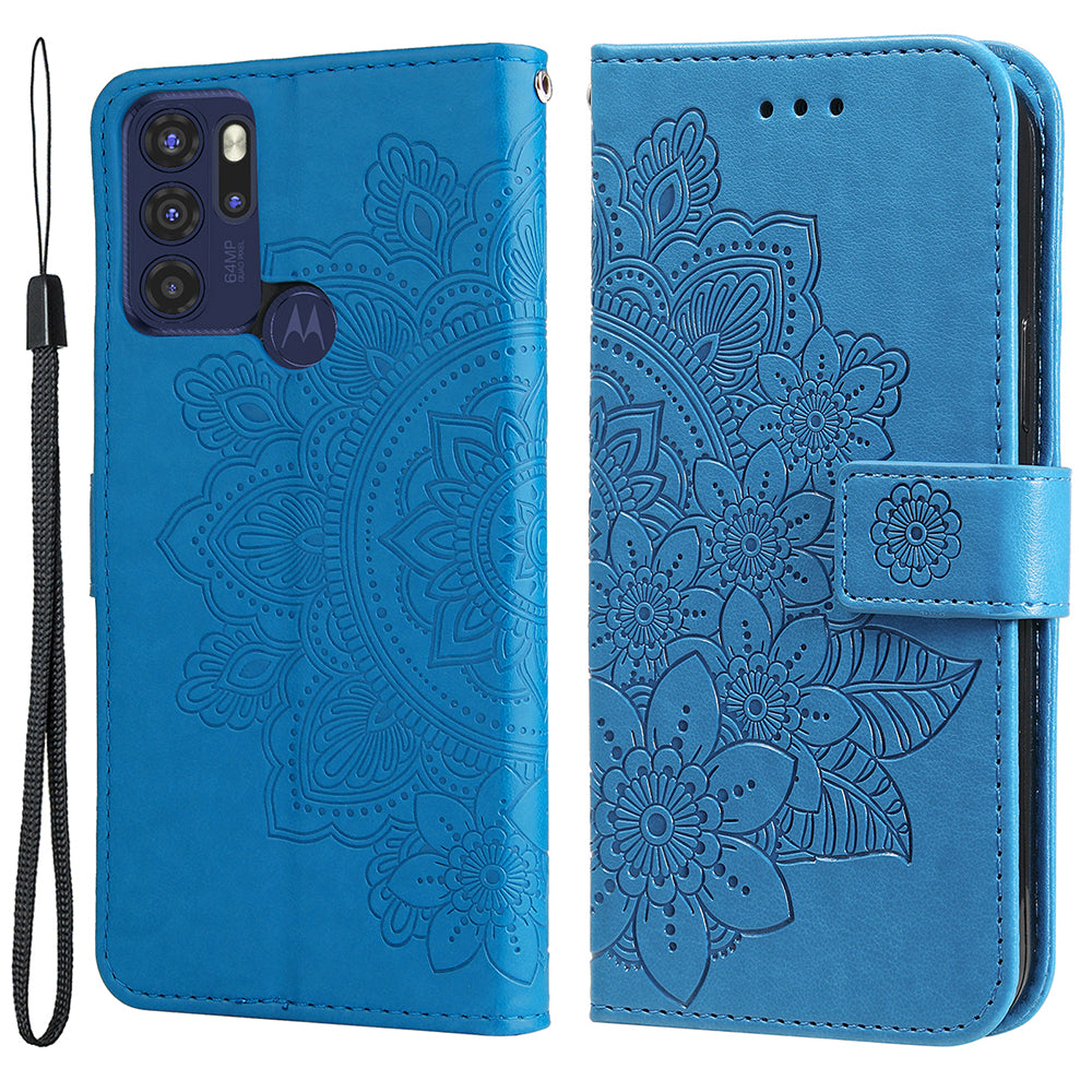 Stylish Phone Flip Case Imprint Flower Pattern PU Leather Wallet Phone Cover with Wrist Strap for Motorola Moto G60S