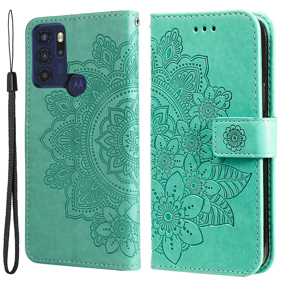 Stylish Phone Flip Case Imprint Flower Pattern PU Leather Wallet Phone Cover with Wrist Strap for Motorola Moto G60S