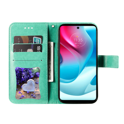 Stylish Phone Flip Case Imprint Flower Pattern PU Leather Wallet Phone Cover with Wrist Strap for Motorola Moto G60S