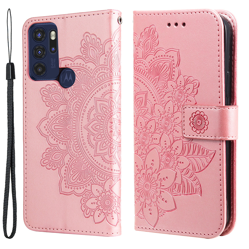 Stylish Phone Flip Case Imprint Flower Pattern PU Leather Wallet Phone Cover with Wrist Strap for Motorola Moto G60S