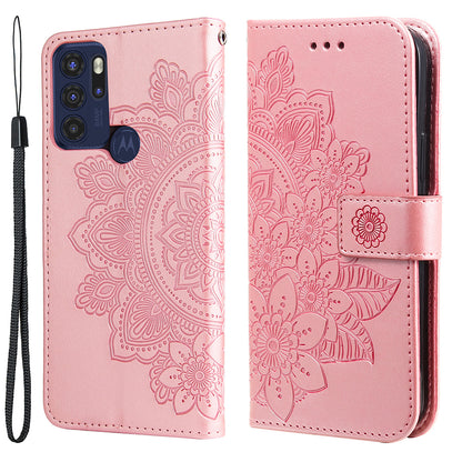 Stylish Phone Flip Case Imprint Flower Pattern PU Leather Wallet Phone Cover with Wrist Strap for Motorola Moto G60S