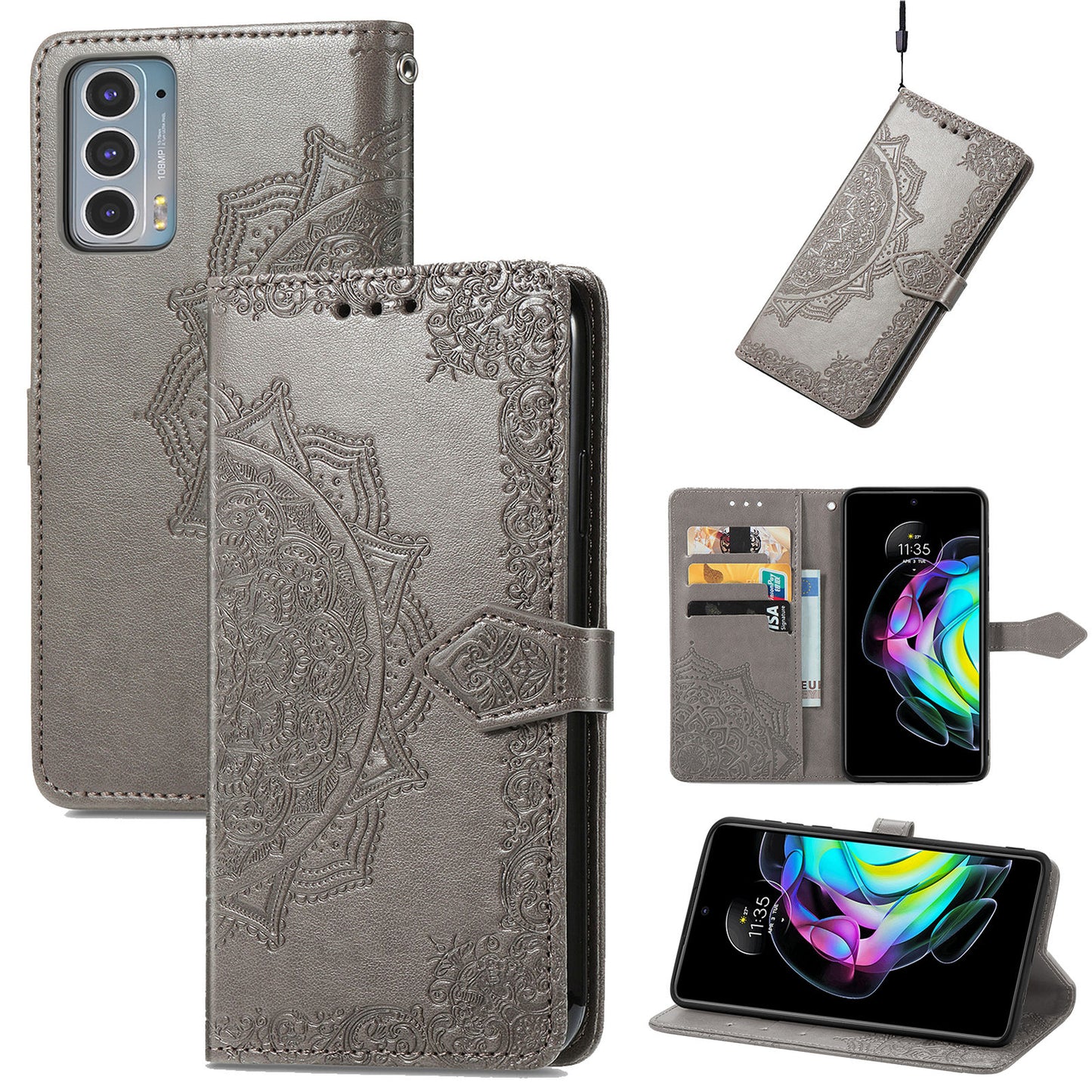 Mandala Flower Embossment Shockproof Leather Phone Stand Wallet Case Cover for Motorola Edge 20