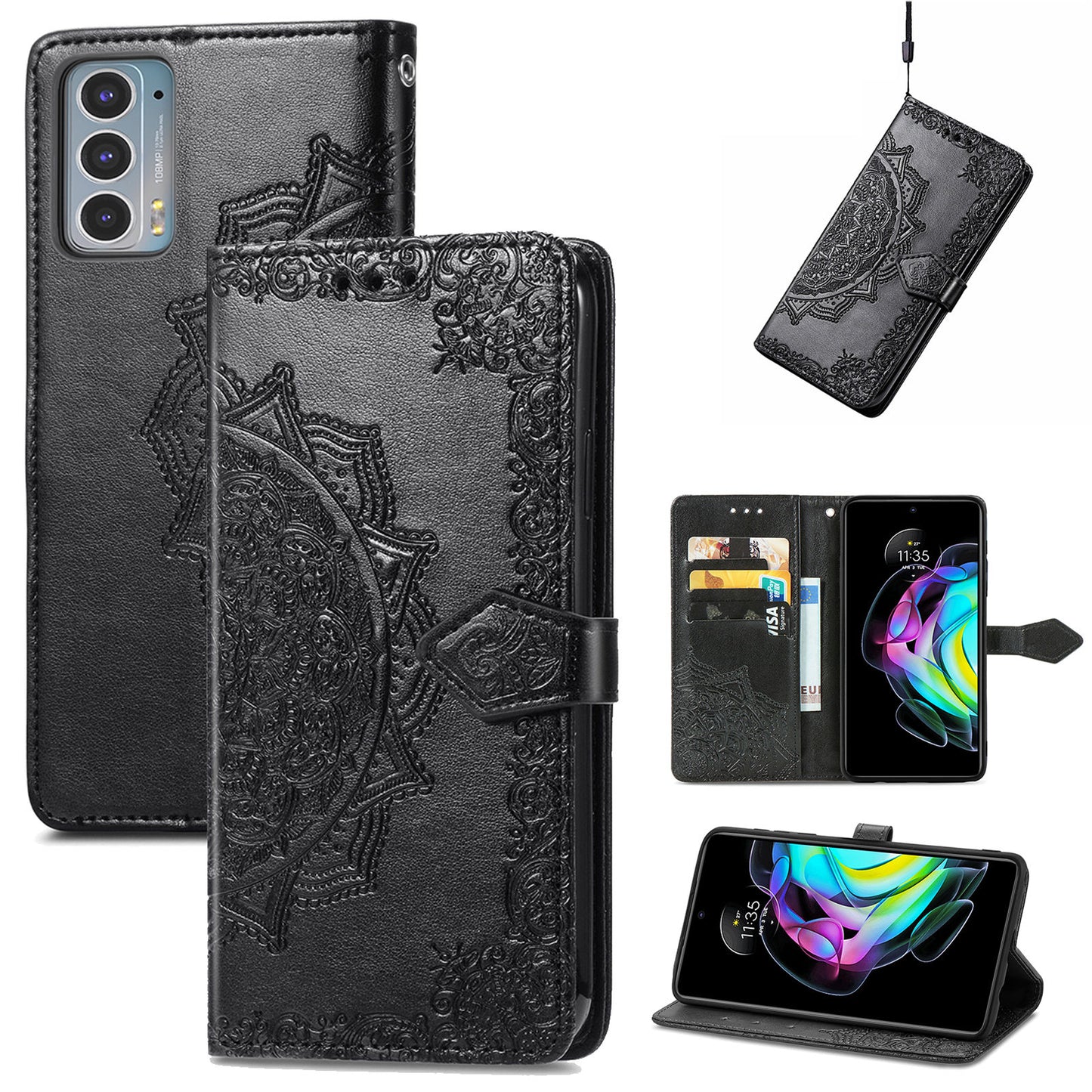 Mandala Flower Embossment Shockproof Leather Phone Stand Wallet Case Cover for Motorola Edge 20