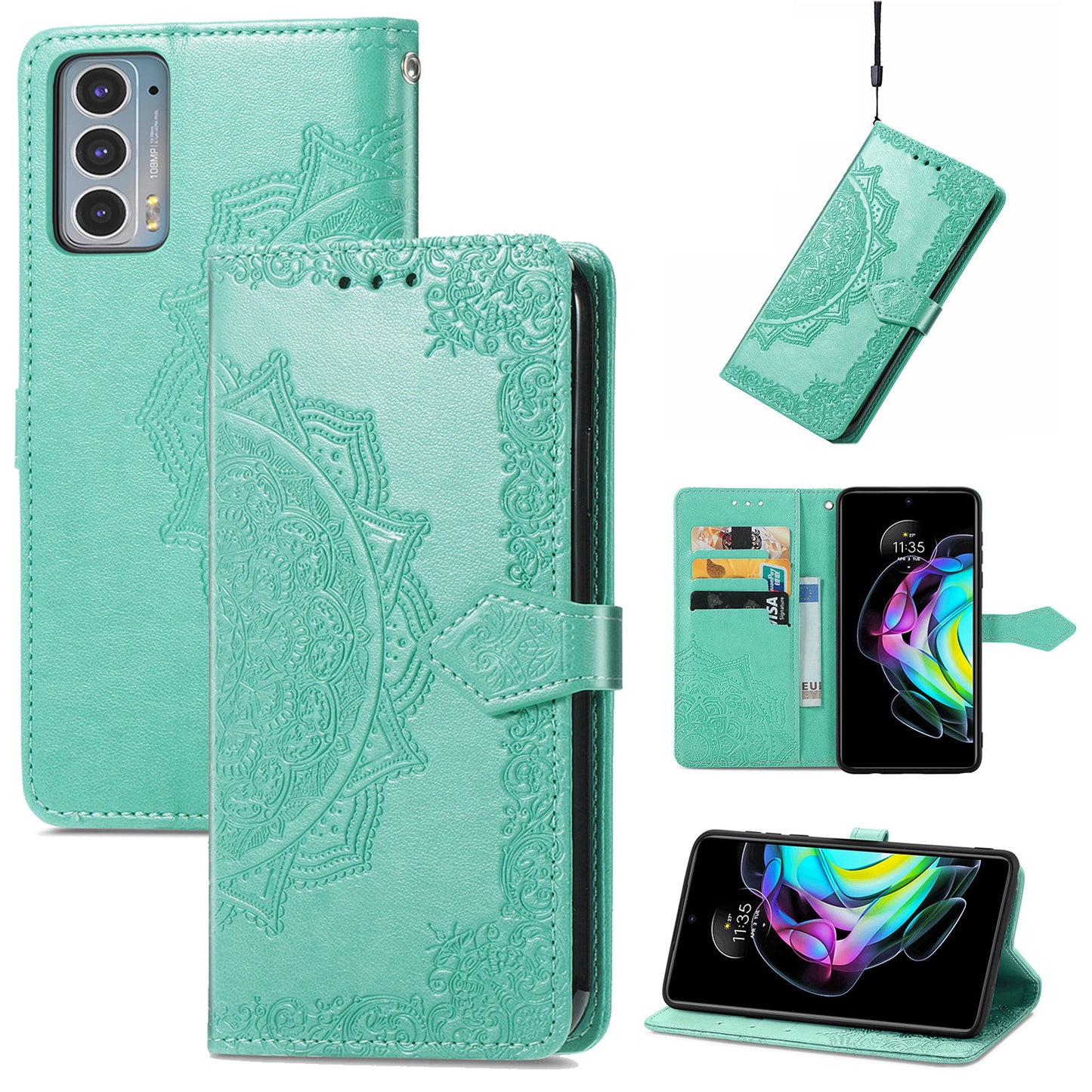 Mandala Flower Embossment Shockproof Leather Phone Stand Wallet Case Cover for Motorola Edge 20