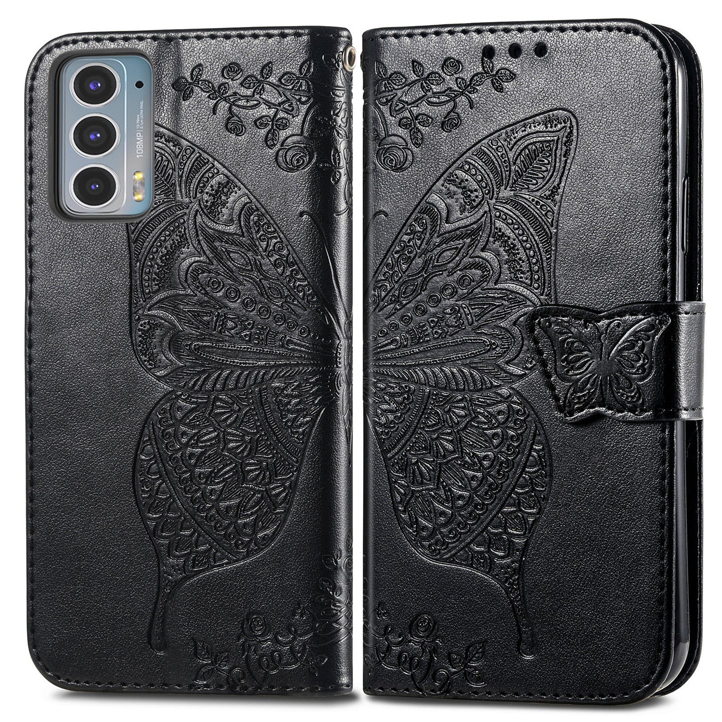 Imprinting Butterfly Flower Wallet Stand PU Leather Phone Case Cover for Motorola Edge 20