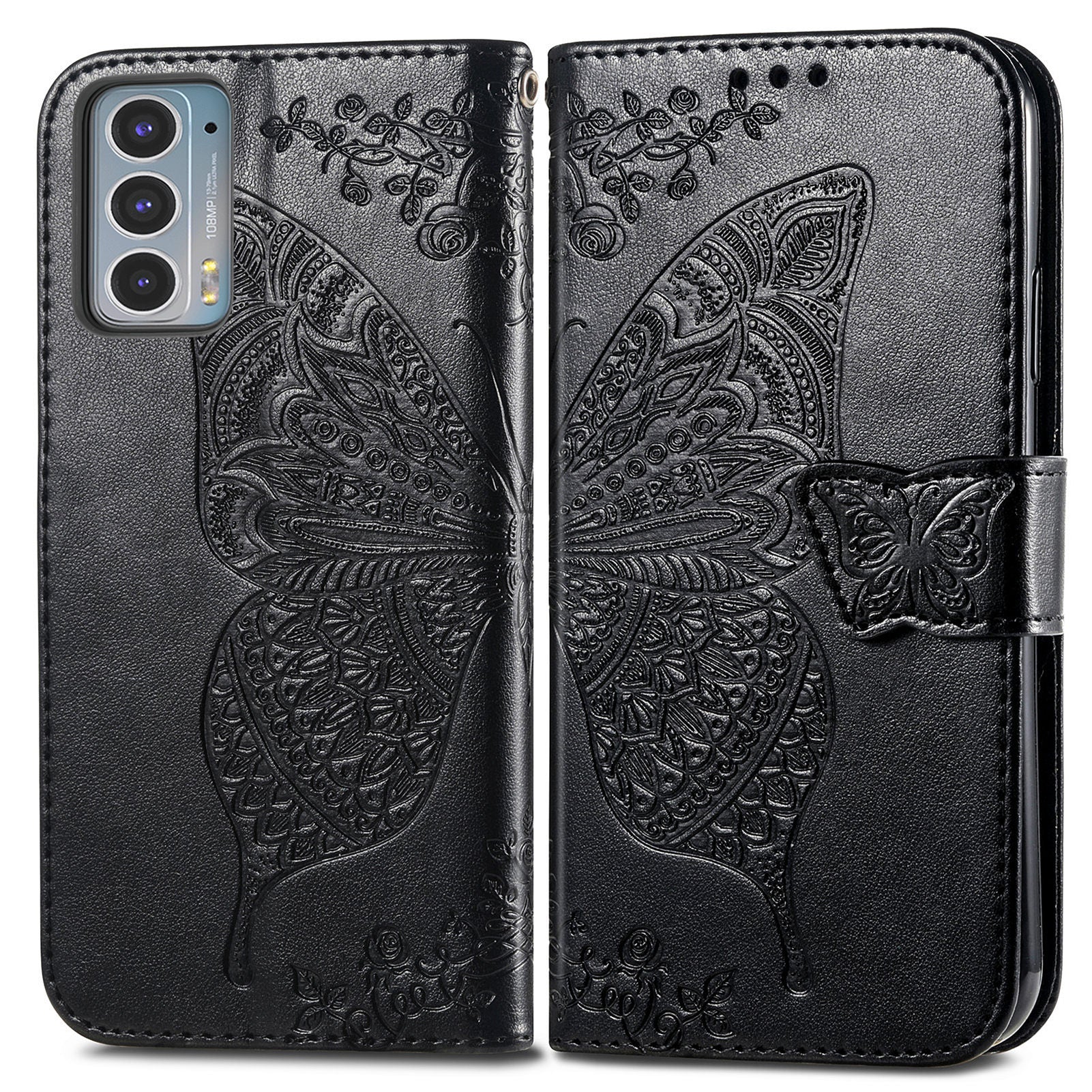 Imprinting Butterfly Flower Wallet Stand PU Leather Phone Case Cover for Motorola Edge 20