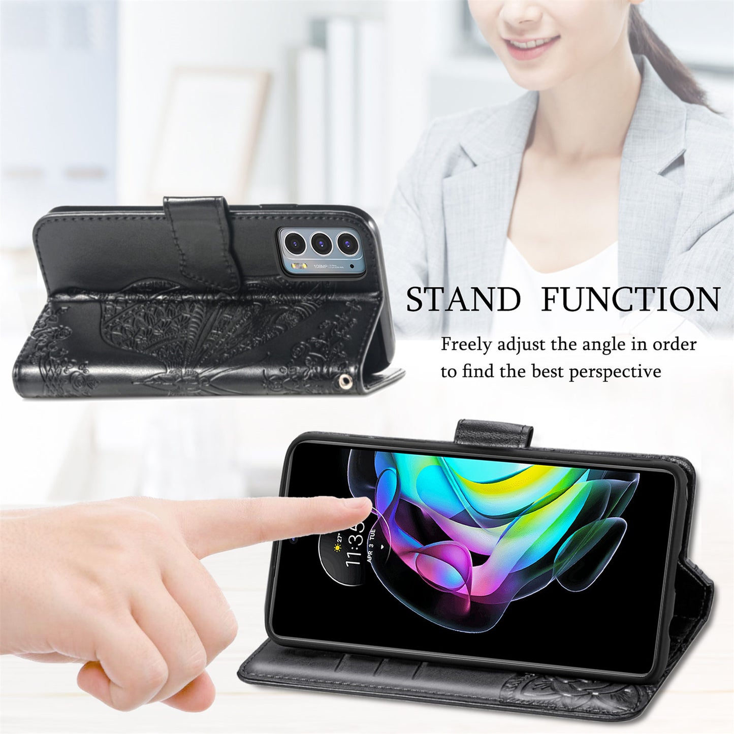 Imprinting Butterfly Flower Wallet Stand PU Leather Phone Case Cover for Motorola Edge 20