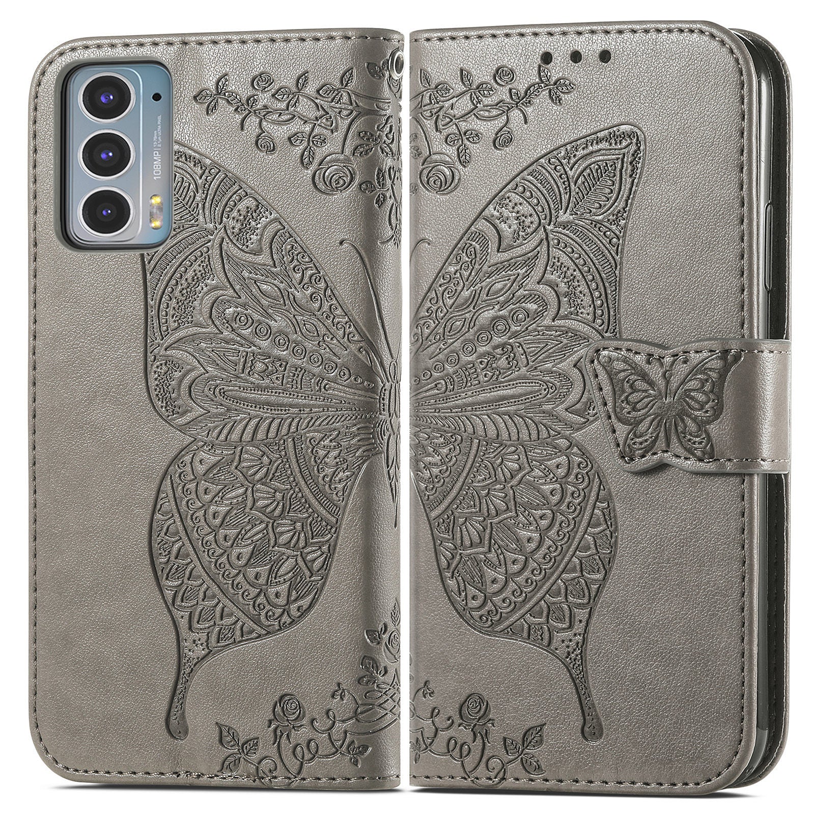 Imprinting Butterfly Flower Wallet Stand PU Leather Phone Case Cover for Motorola Edge 20