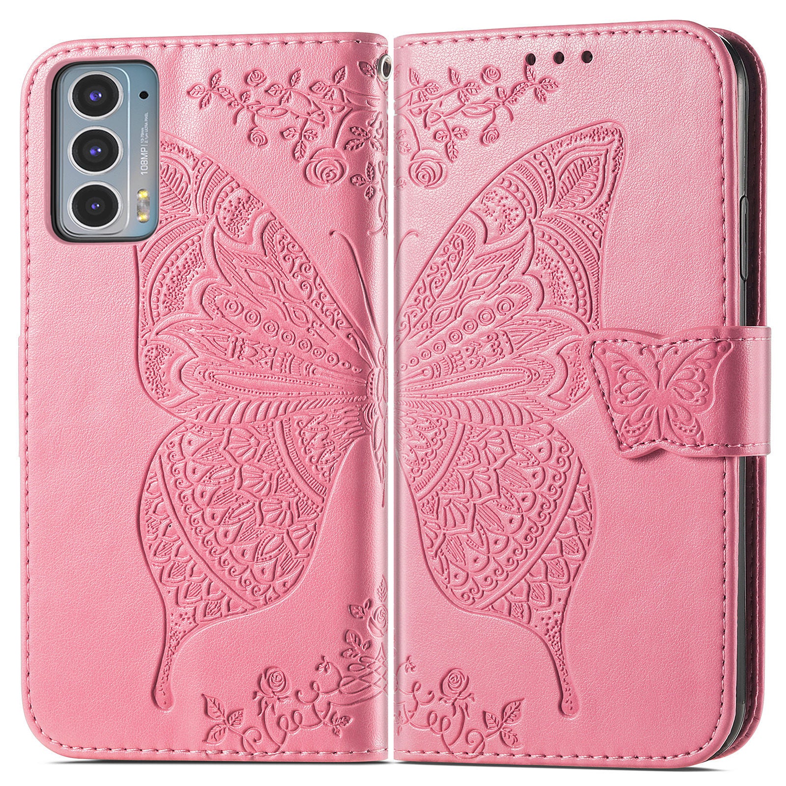 Imprinting Butterfly Flower Wallet Stand PU Leather Phone Case Cover for Motorola Edge 20