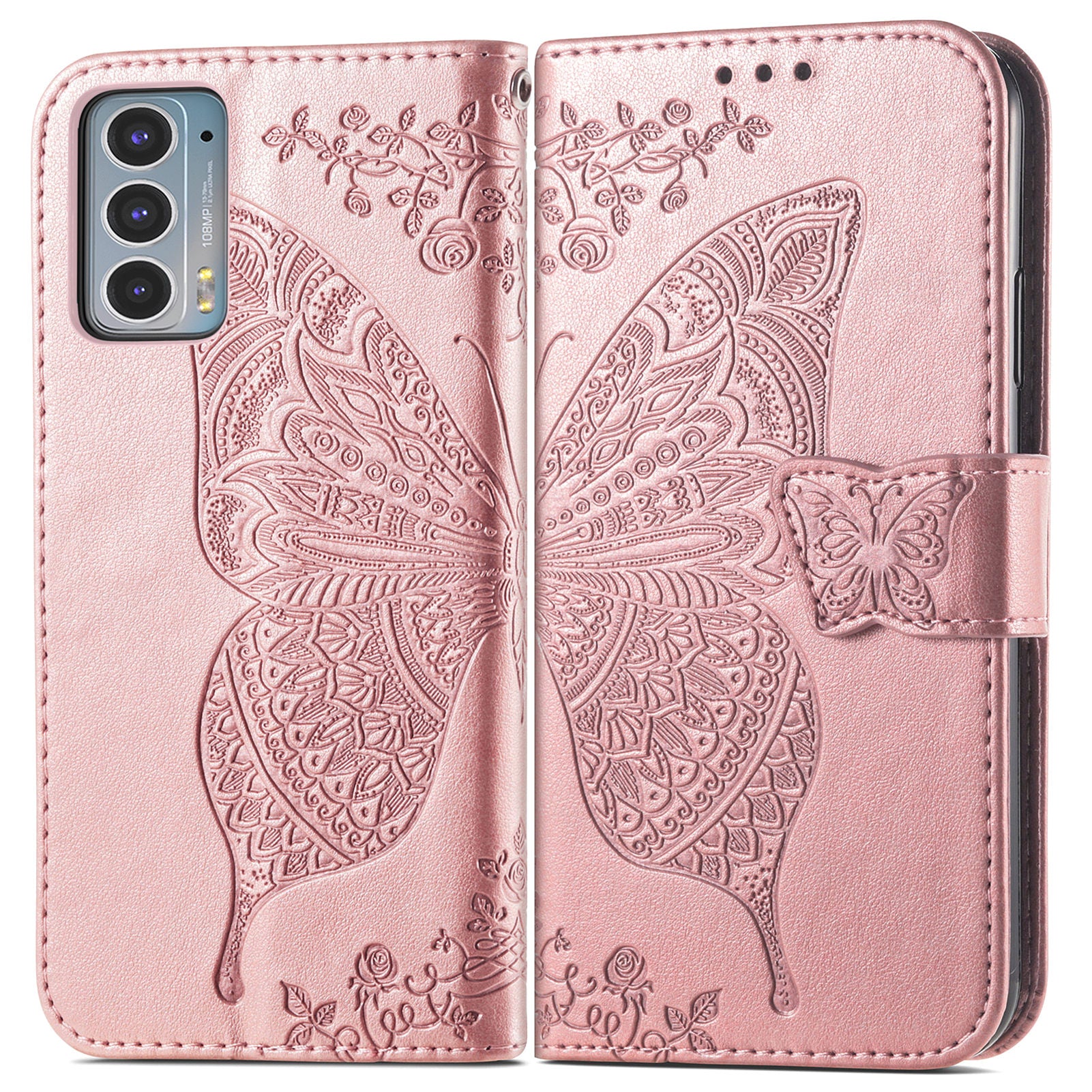 Imprinting Butterfly Flower Wallet Stand PU Leather Phone Case Cover for Motorola Edge 20