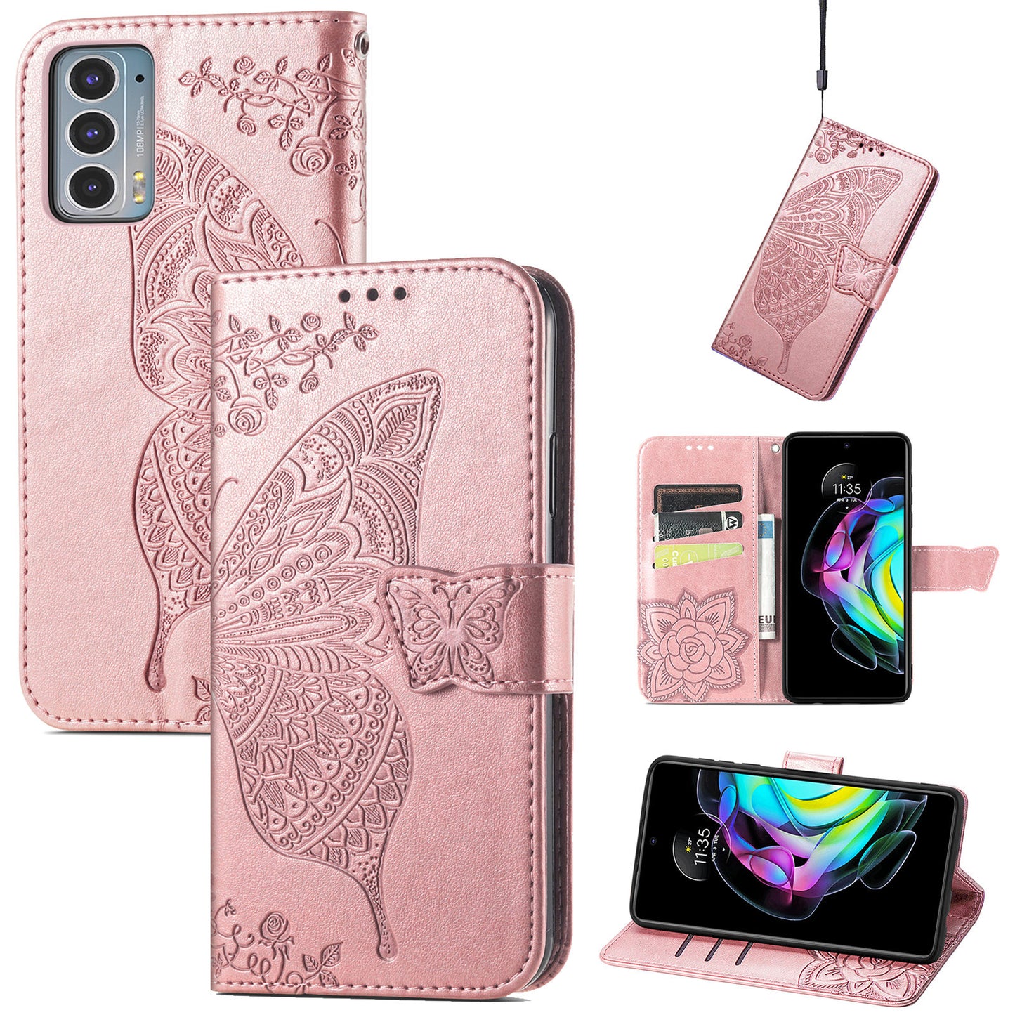 Imprinting Butterfly Flower Wallet Stand PU Leather Phone Case Cover for Motorola Edge 20