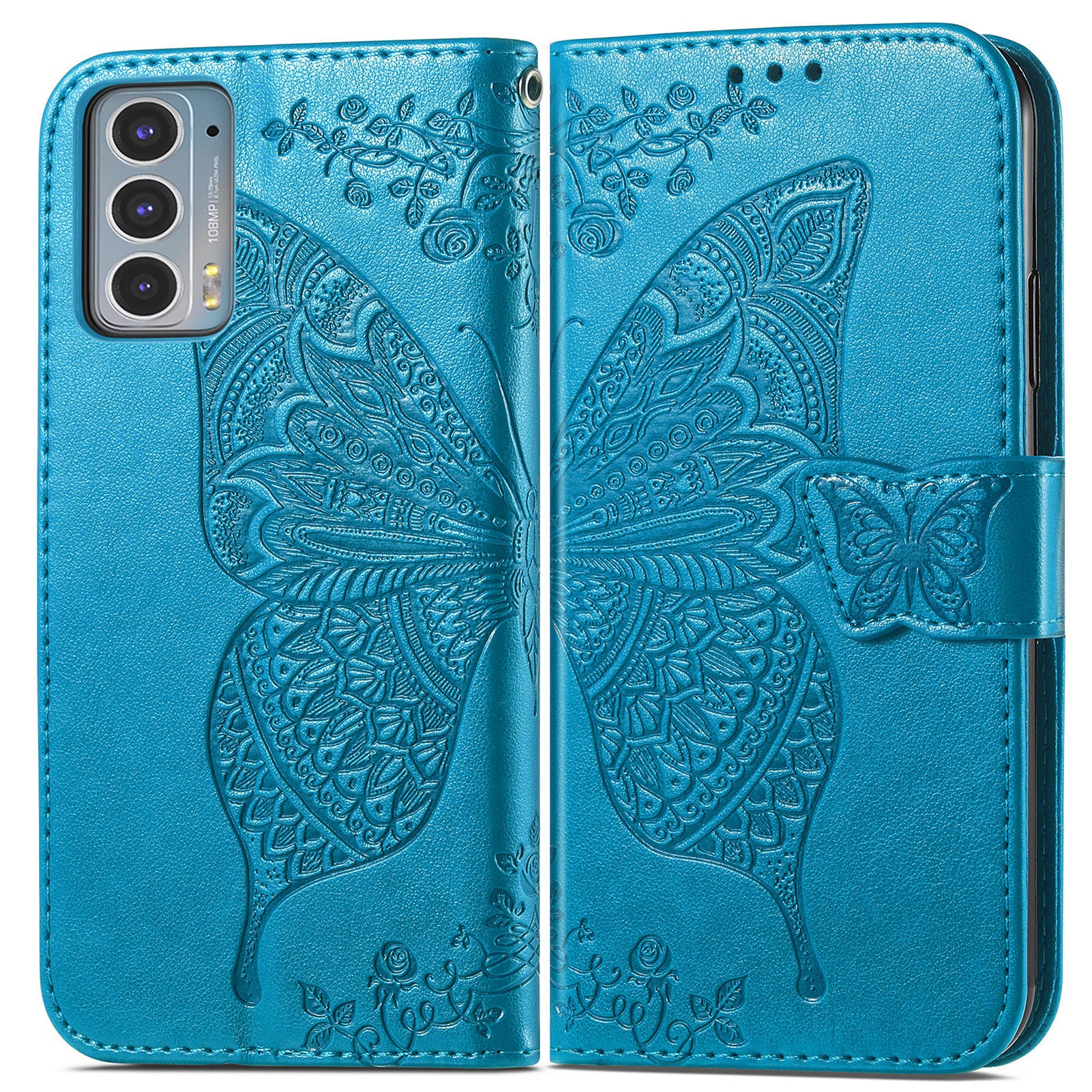 Imprinting Butterfly Flower Wallet Stand PU Leather Phone Case Cover for Motorola Edge 20