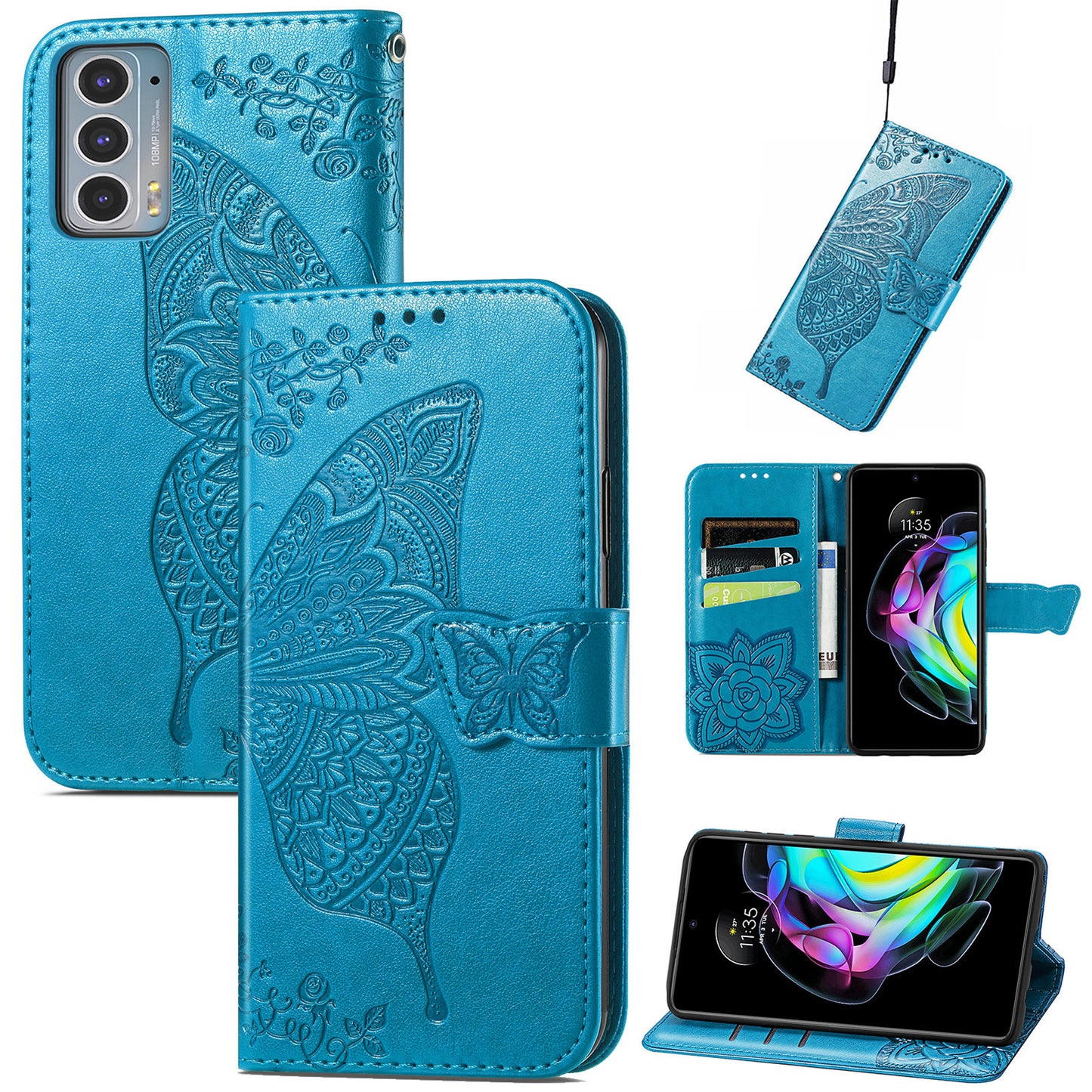 Imprinting Butterfly Flower Wallet Stand PU Leather Phone Case Cover for Motorola Edge 20