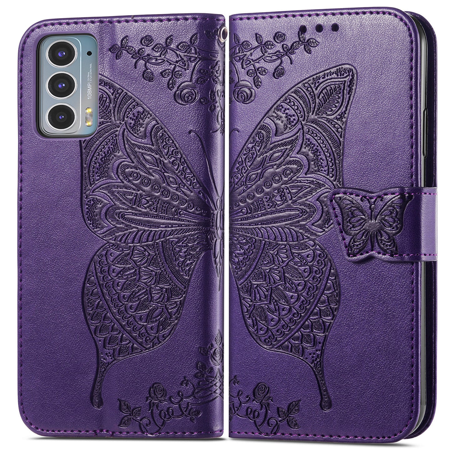 Imprinting Butterfly Flower Wallet Stand PU Leather Phone Case Cover for Motorola Edge 20