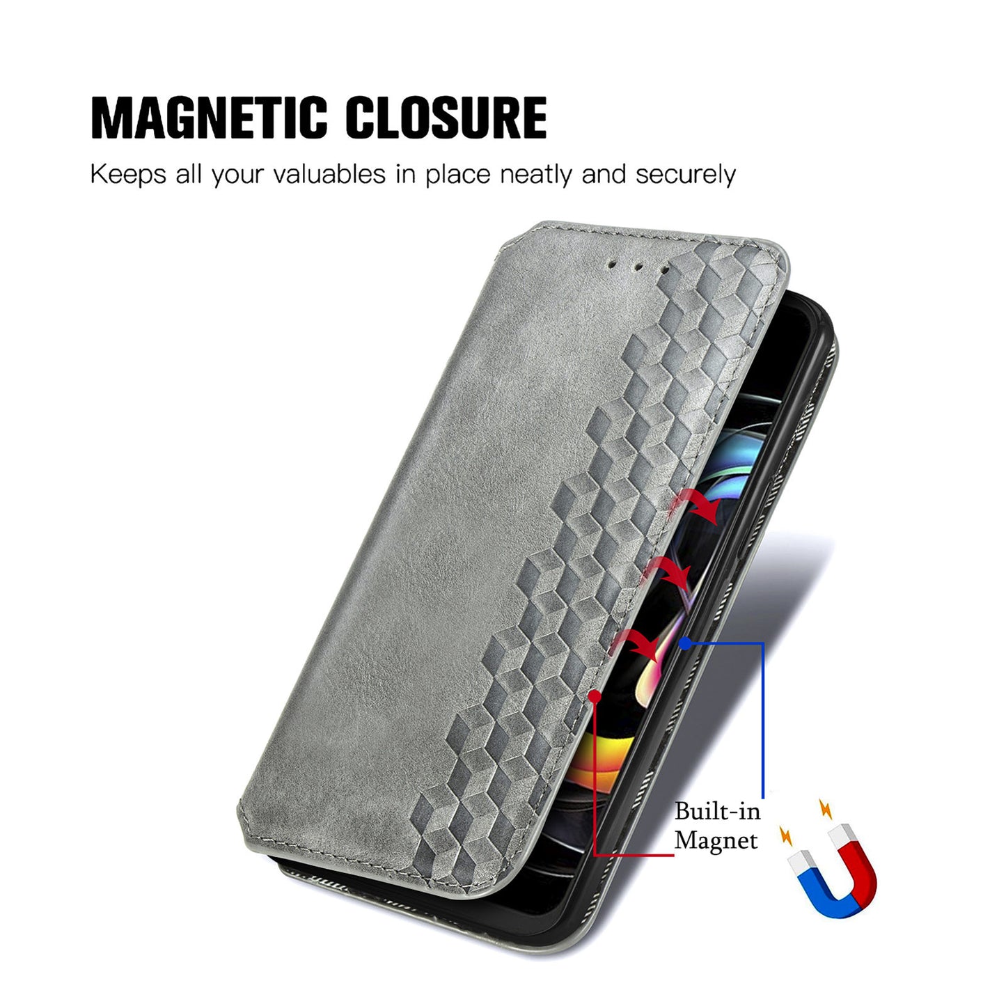 For Motorola Edge 20 Lite Magnetic Auto-absorbed Rhombus Imprint Leather Wallet Stand Phone Case