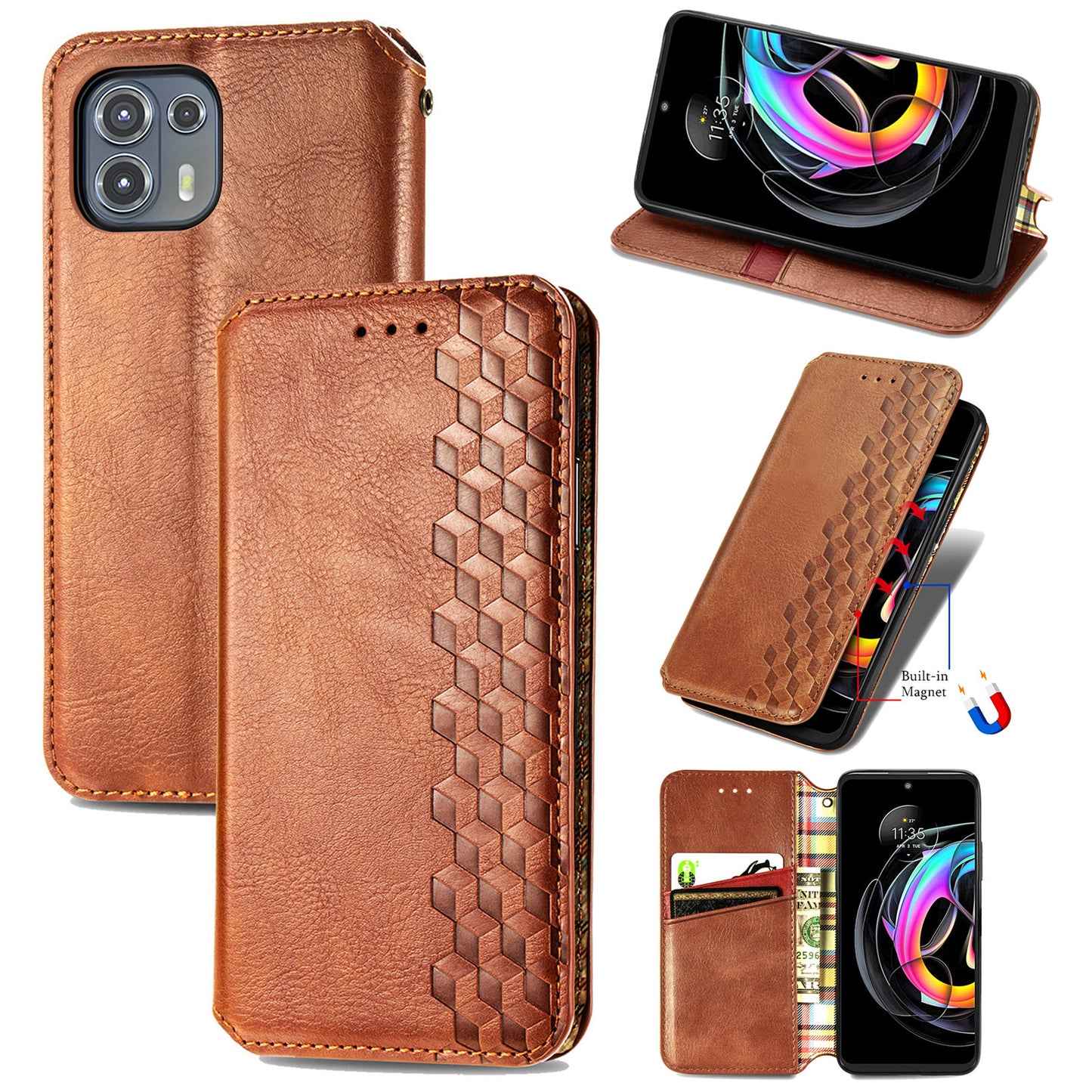 For Motorola Edge 20 Lite Magnetic Auto-absorbed Rhombus Imprint Leather Wallet Stand Phone Case