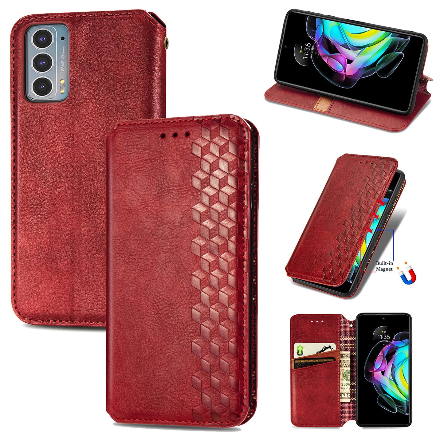 Rhombus Imprinting Auto-absorbed Full-Protection Leather Wallet Stand Phone Case Cover for Motorola Edge 20