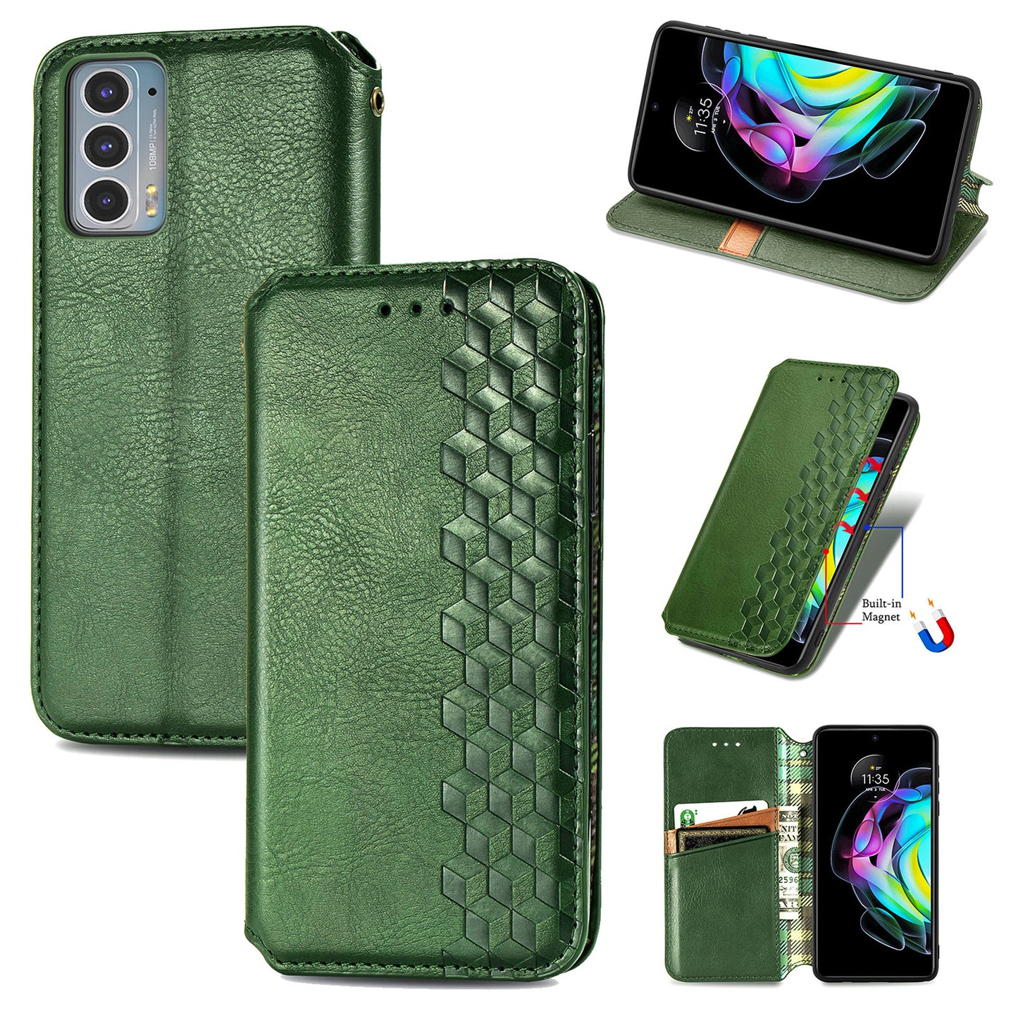 Rhombus Imprinting Auto-absorbed Full-Protection Leather Wallet Stand Phone Case Cover for Motorola Edge 20