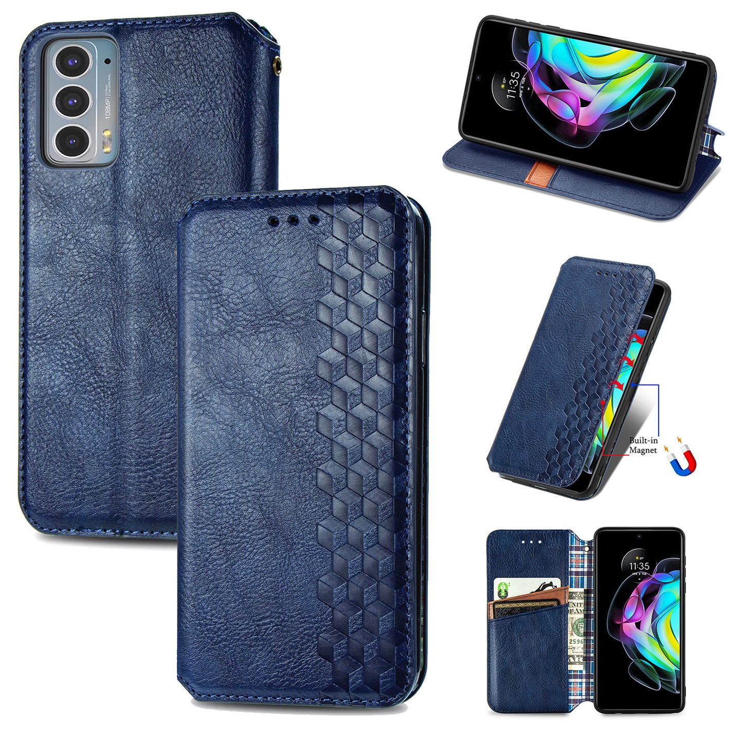 Rhombus Imprinting Auto-absorbed Full-Protection Leather Wallet Stand Phone Case Cover for Motorola Edge 20