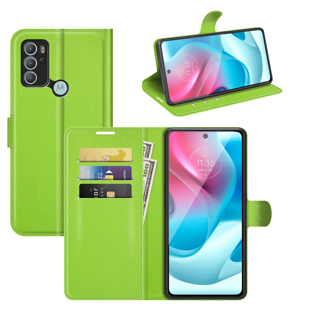 Litchi Texture Folio Flip Leather Case Wallet Stand Phone Cover for Motorola Moto G60S