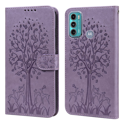 Well-protected Anti-drop Tree and Deer Imprinted Double-sided Magnetic Clasp Leather Wallet Stand Phone Shell Case for Motorola Moto G60