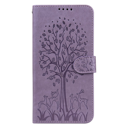 Well-protected Anti-drop Tree and Deer Imprinted Double-sided Magnetic Clasp Leather Wallet Stand Phone Shell Case for Motorola Moto G60