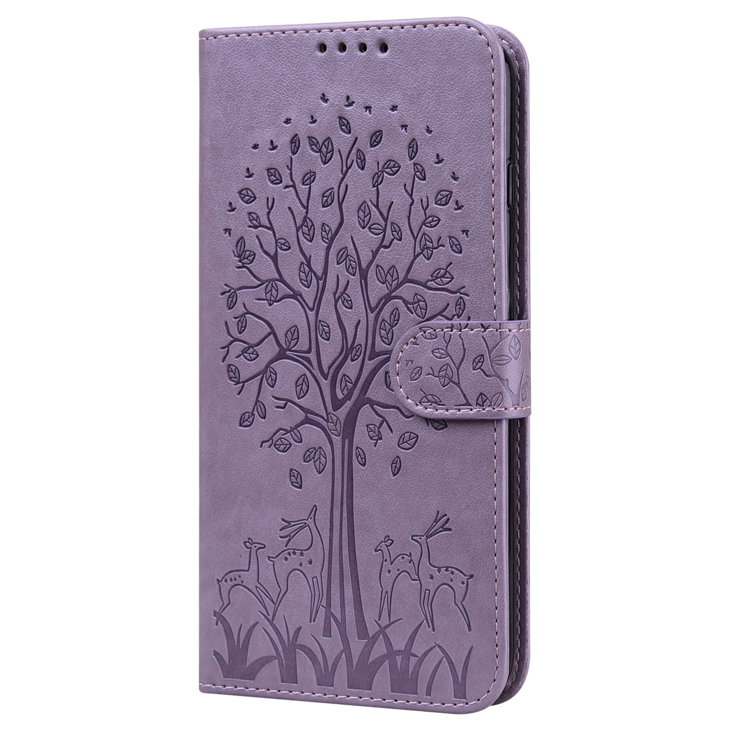 Well-protected Anti-drop Tree and Deer Imprinted Double-sided Magnetic Clasp Leather Wallet Stand Phone Shell Case for Motorola Moto G60