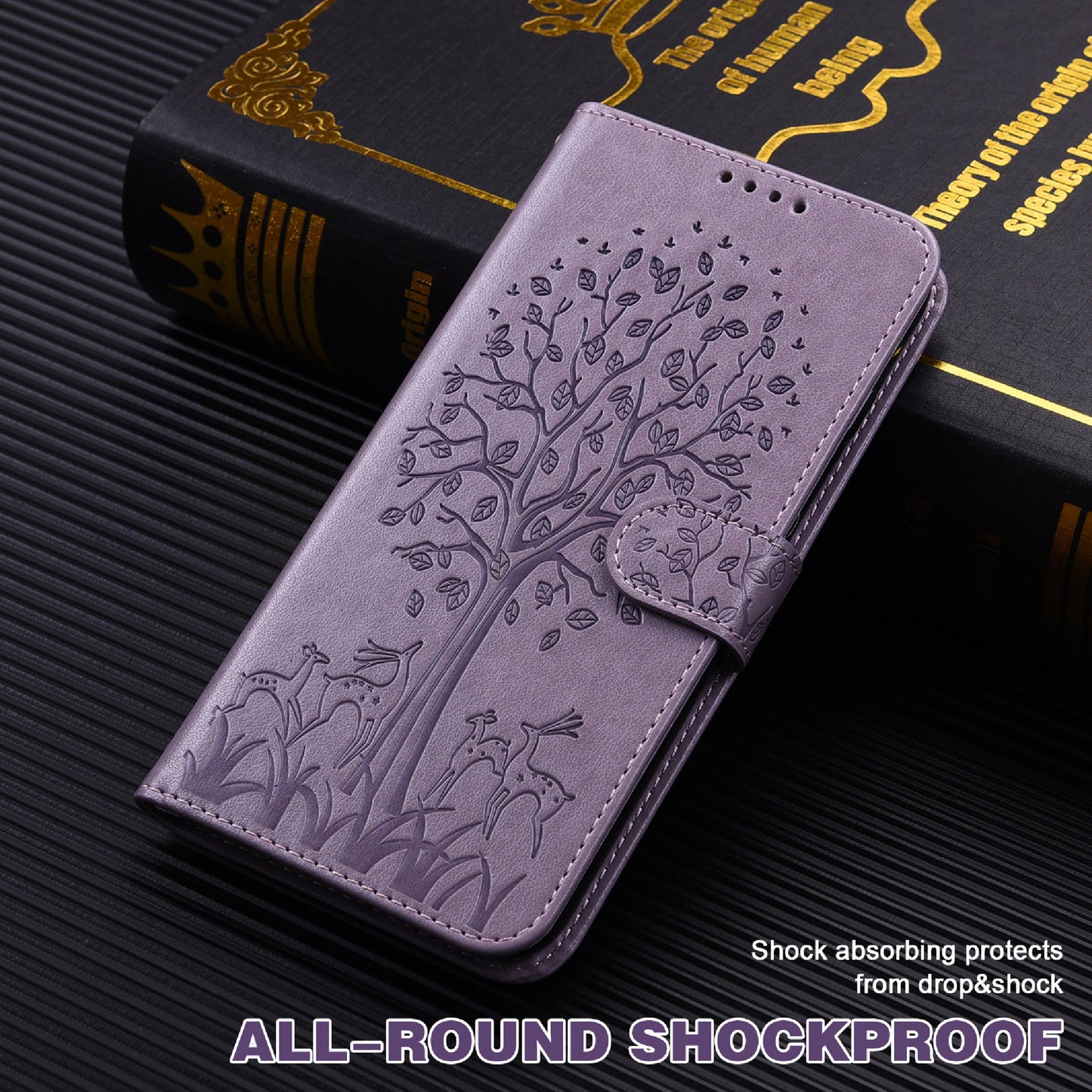 Well-protected Anti-drop Tree and Deer Imprinted Double-sided Magnetic Clasp Leather Wallet Stand Phone Shell Case for Motorola Moto G60