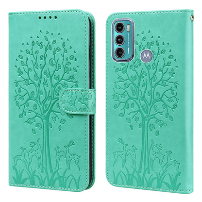 Well-protected Anti-drop Tree and Deer Imprinted Double-sided Magnetic Clasp Leather Wallet Stand Phone Shell Case for Motorola Moto G60