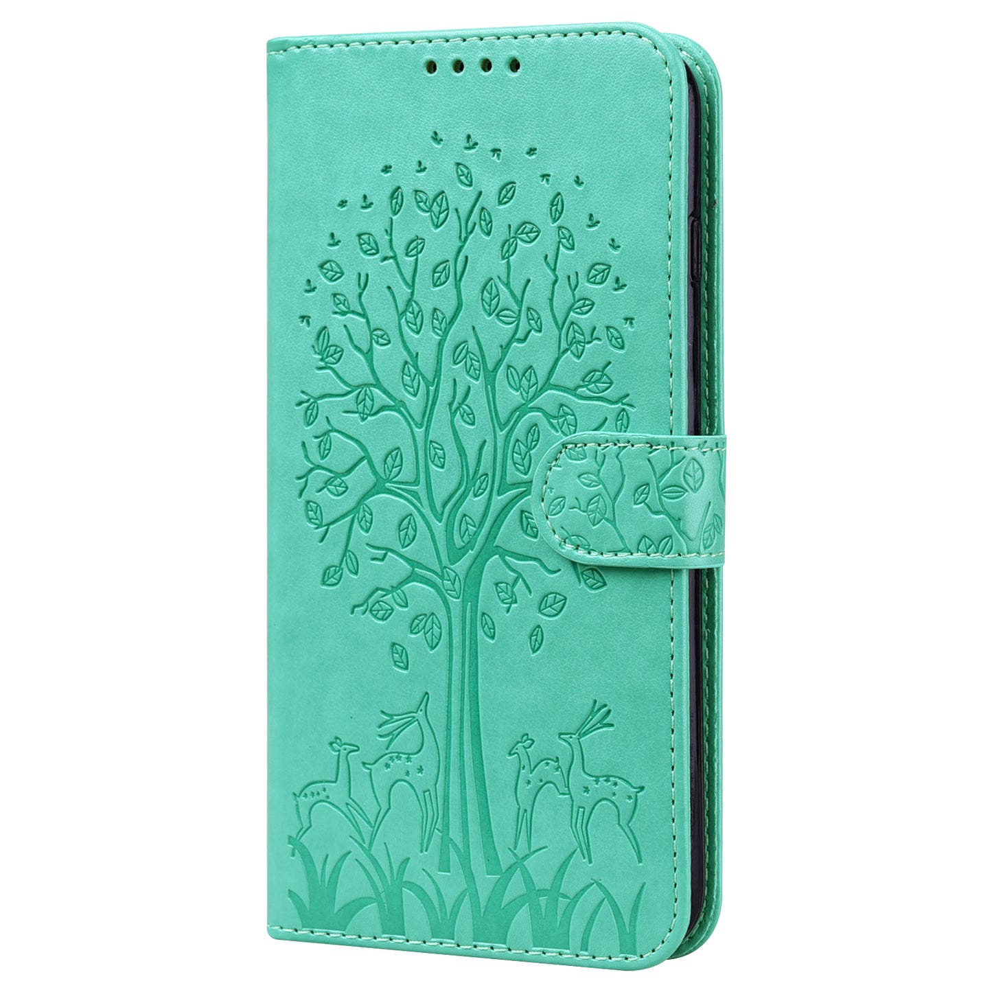 Well-protected Anti-drop Tree and Deer Imprinted Double-sided Magnetic Clasp Leather Wallet Stand Phone Shell Case for Motorola Moto G60