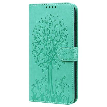 Well-protected Anti-drop Tree and Deer Imprinted Double-sided Magnetic Clasp Leather Wallet Stand Phone Shell Case for Motorola Moto G60