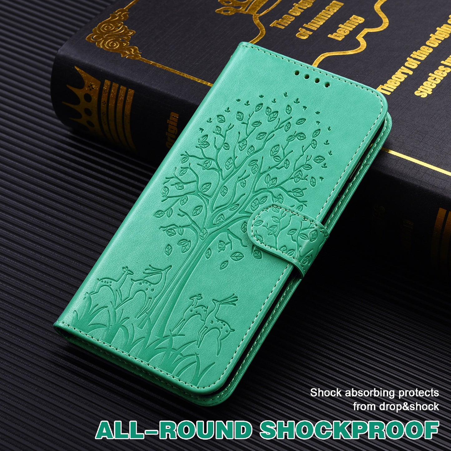 Well-protected Anti-drop Tree and Deer Imprinted Double-sided Magnetic Clasp Leather Wallet Stand Phone Shell Case for Motorola Moto G60