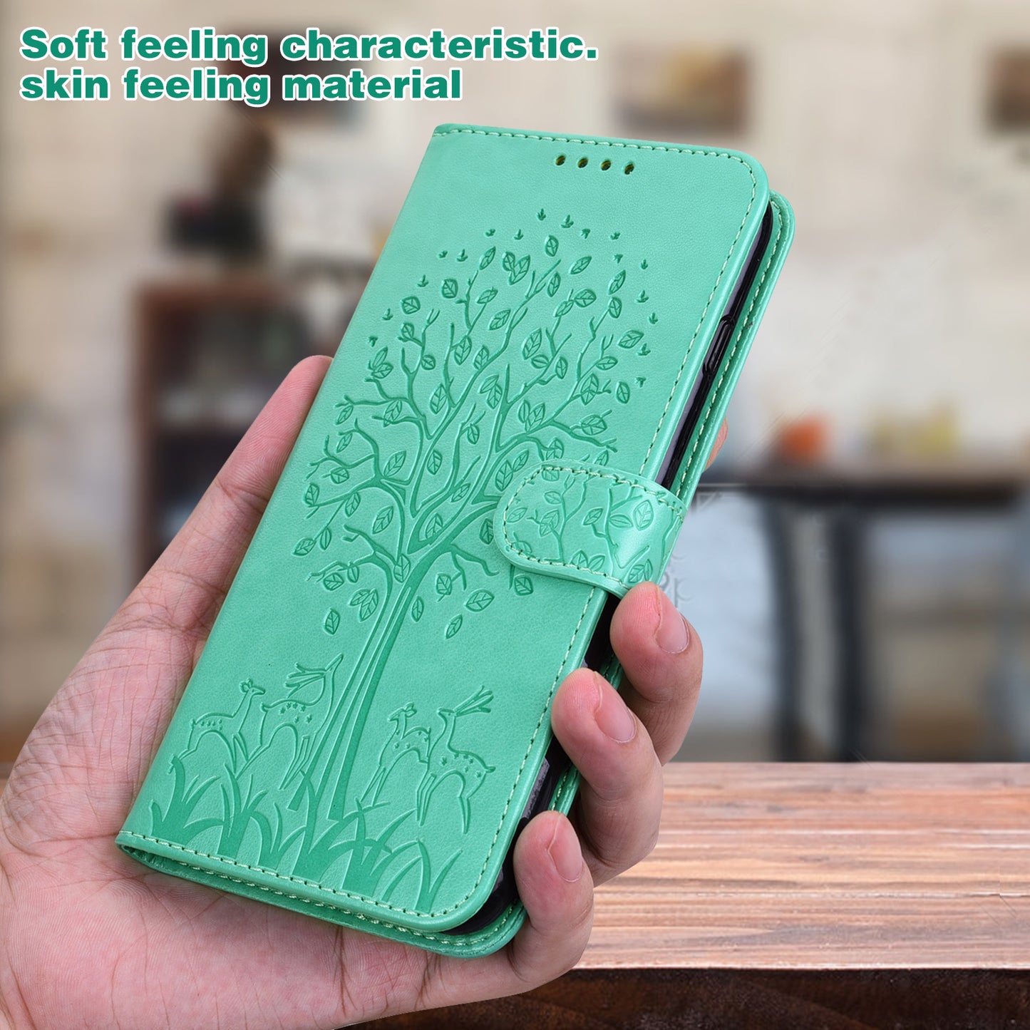 Well-protected Anti-drop Tree and Deer Imprinted Double-sided Magnetic Clasp Leather Wallet Stand Phone Shell Case for Motorola Moto G60