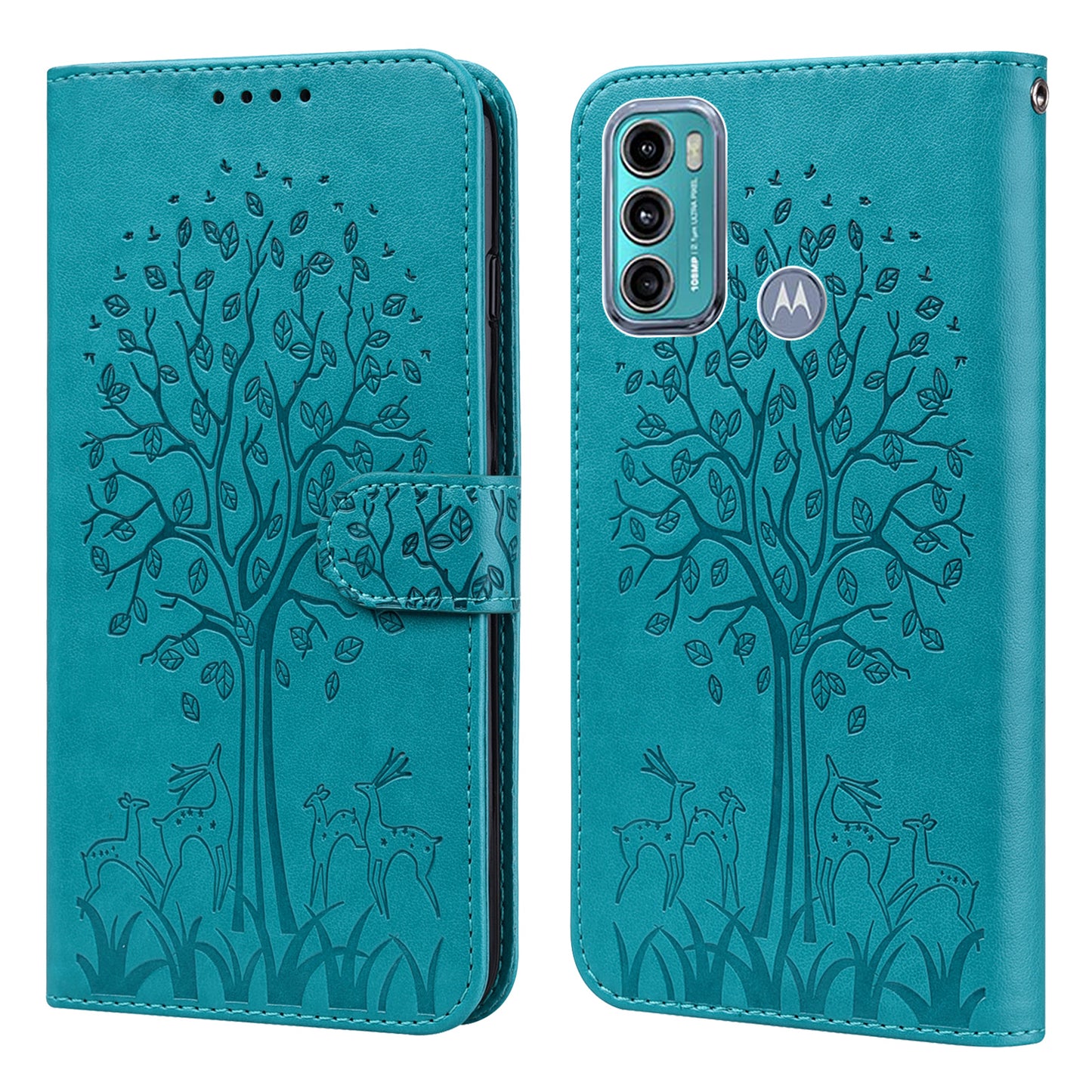 Well-protected Anti-drop Tree and Deer Imprinted Double-sided Magnetic Clasp Leather Wallet Stand Phone Shell Case for Motorola Moto G60