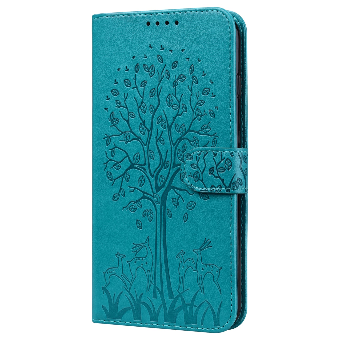 Well-protected Anti-drop Tree and Deer Imprinted Double-sided Magnetic Clasp Leather Wallet Stand Phone Shell Case for Motorola Moto G60