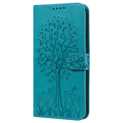 Well-protected Anti-drop Tree and Deer Imprinted Double-sided Magnetic Clasp Leather Wallet Stand Phone Shell Case for Motorola Moto G60