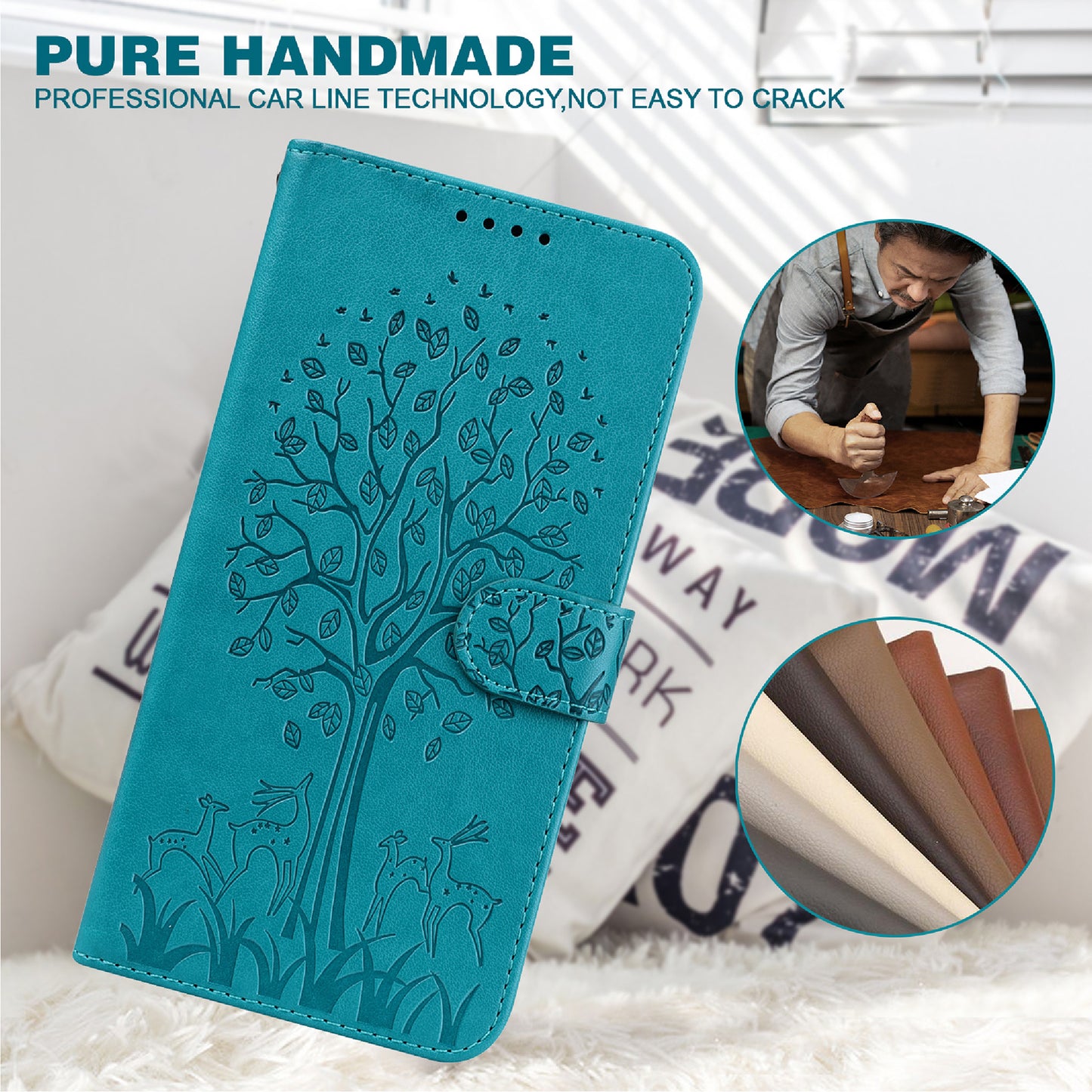 Well-protected Anti-drop Tree and Deer Imprinted Double-sided Magnetic Clasp Leather Wallet Stand Phone Shell Case for Motorola Moto G60