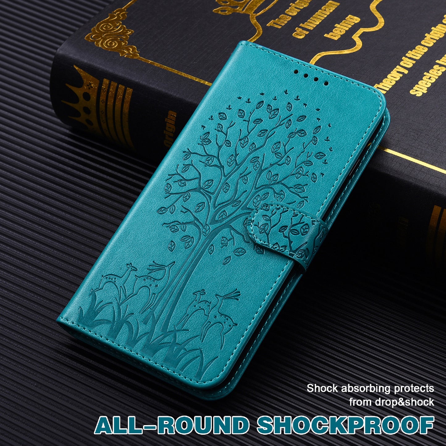 Well-protected Anti-drop Tree and Deer Imprinted Double-sided Magnetic Clasp Leather Wallet Stand Phone Shell Case for Motorola Moto G60