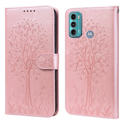 Well-protected Anti-drop Tree and Deer Imprinted Double-sided Magnetic Clasp Leather Wallet Stand Phone Shell Case for Motorola Moto G60