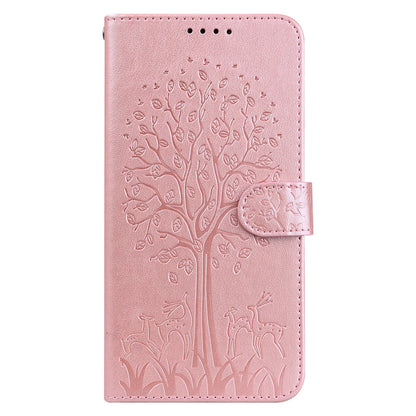 Well-protected Anti-drop Tree and Deer Imprinted Double-sided Magnetic Clasp Leather Wallet Stand Phone Shell Case for Motorola Moto G60