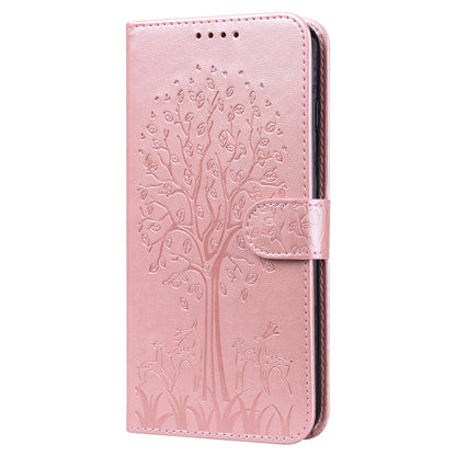 Well-protected Anti-drop Tree and Deer Imprinted Double-sided Magnetic Clasp Leather Wallet Stand Phone Shell Case for Motorola Moto G60