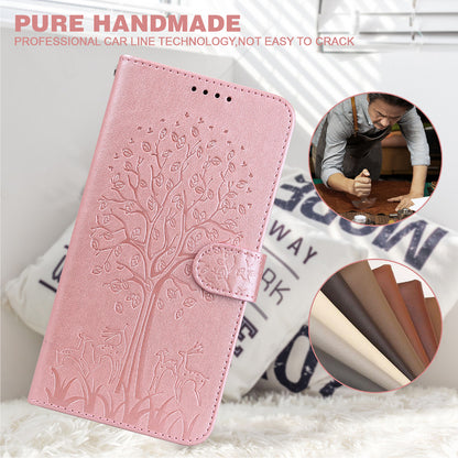 Well-protected Anti-drop Tree and Deer Imprinted Double-sided Magnetic Clasp Leather Wallet Stand Phone Shell Case for Motorola Moto G60