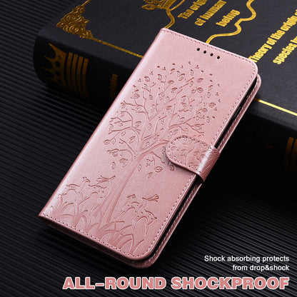 Well-protected Anti-drop Tree and Deer Imprinted Double-sided Magnetic Clasp Leather Wallet Stand Phone Shell Case for Motorola Moto G60