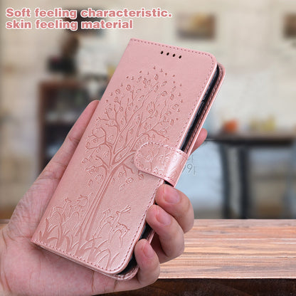 Well-protected Anti-drop Tree and Deer Imprinted Double-sided Magnetic Clasp Leather Wallet Stand Phone Shell Case for Motorola Moto G60