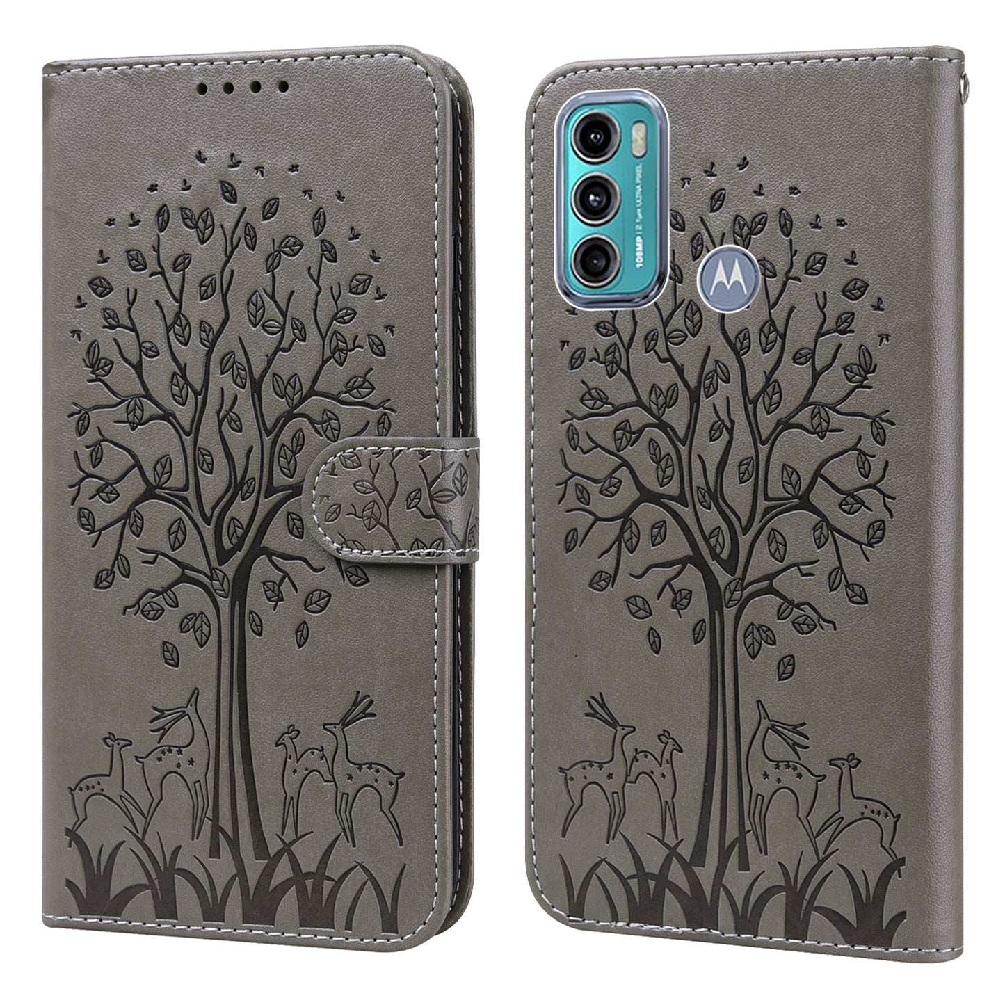 Well-protected Anti-drop Tree and Deer Imprinted Double-sided Magnetic Clasp Leather Wallet Stand Phone Shell Case for Motorola Moto G60